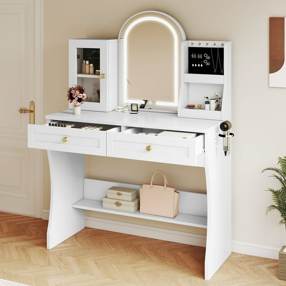 Uforic Makeup Vanity Desk with LED Mirror & Light, 2 Drawers, Jewelry Shelves, White
