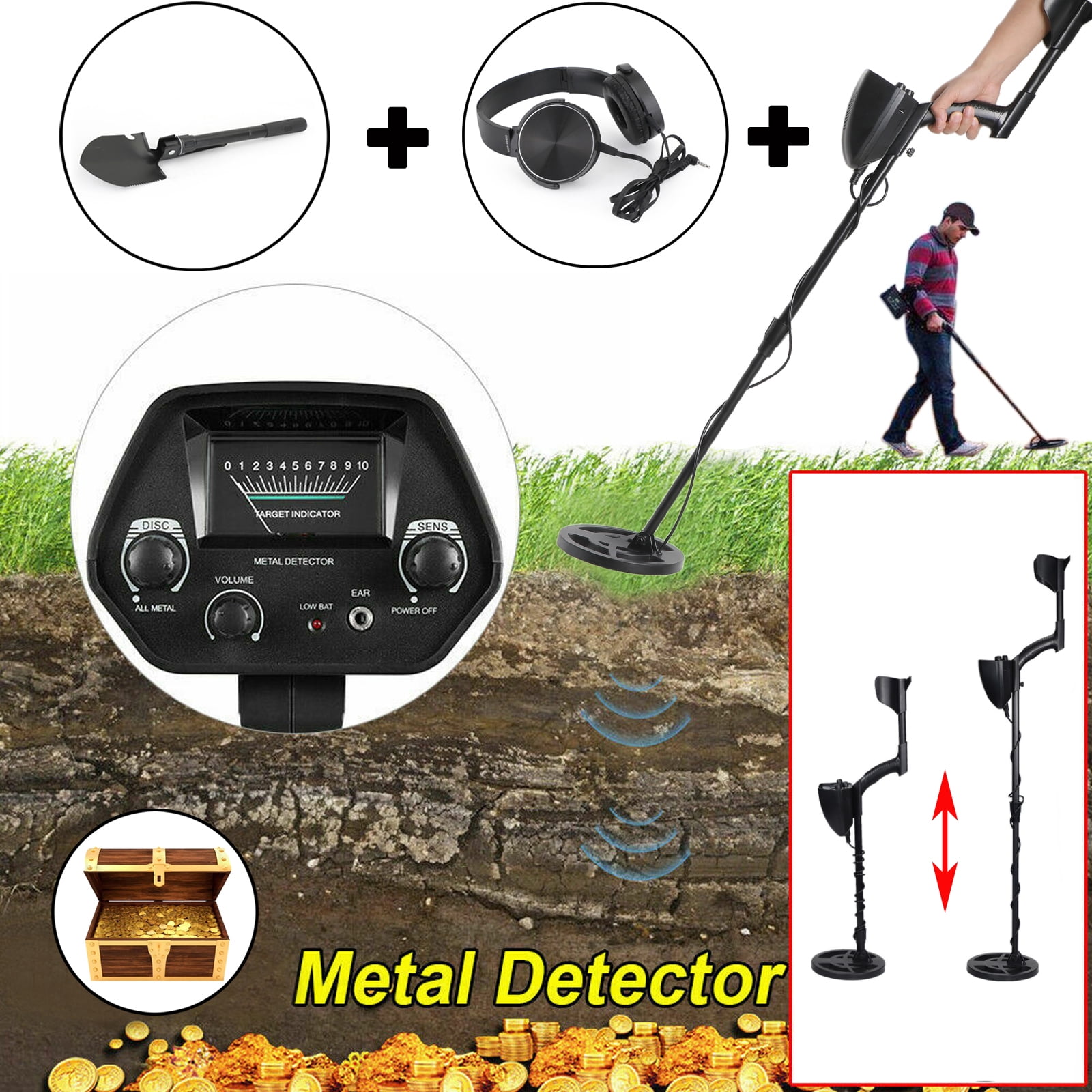 7.8"" Big Search Coil Underground Metal Detector + Foldable Shovel + Headphone Kits