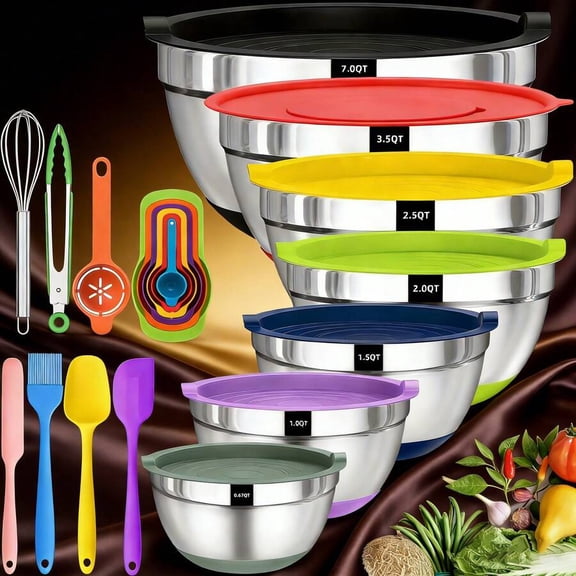 20pcs Stainless Steel Mixing Bowls Set With Airtight Lids, Oval Nesting Bowls, Rust Resistant & Non-Slip Silicone Bottom, Polished Metal Finish, For Mixing, Baking, Serving