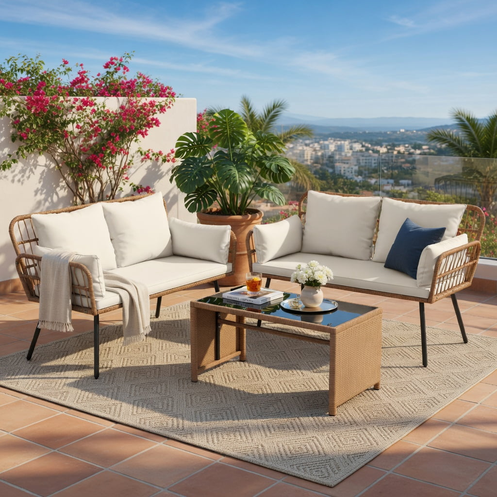 Hommoo Hommoo 2-Person Outdoor PE Rattan Loveseat with Removable Cushions, Heavy-Duty Metal Frame, Ergonomic Backrest, Off-White