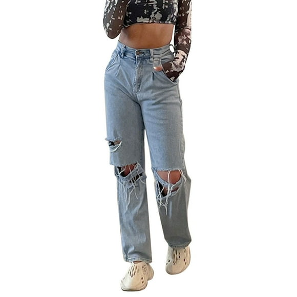 Bmisegm Women's Ripped High Waisted Stretchy Slim Jeans, Casual Fashion, A, L