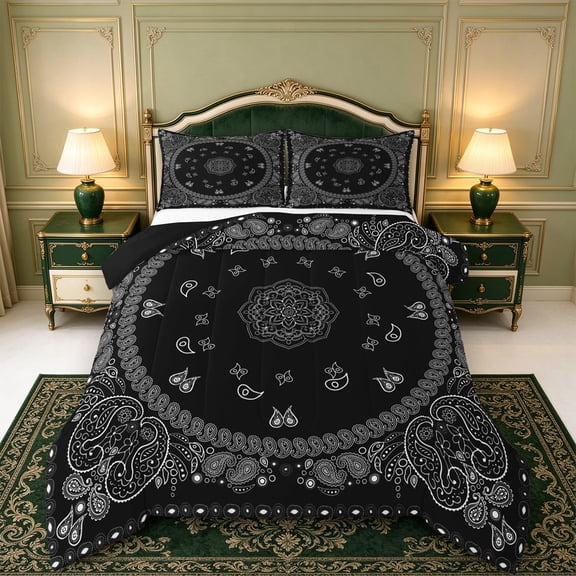 Erosebridal Black Bandana Full Size Comforter Sets,Nature Art Bedding Comforter Set,3-Piece,1 Comforter and 2 Pillowcases,Black Reversible