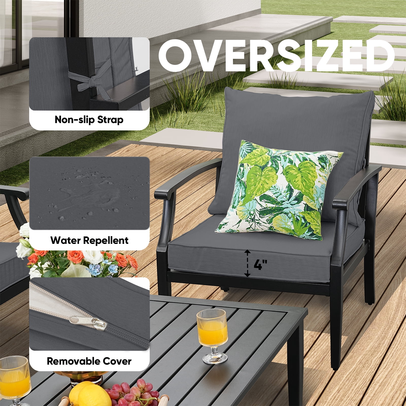 JOYURE 4 pieces Patio Furniture Set w/loveseat,Coffe Table,Outdoor Conversation Metal Sofa with High Back and Thick Cushion,for Backyard,Garden,Grey