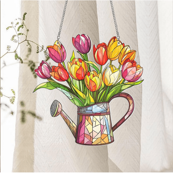 Tulip Flowers Acrylic Suncatcher, Yellow Flower Pot Window Hanging Decor