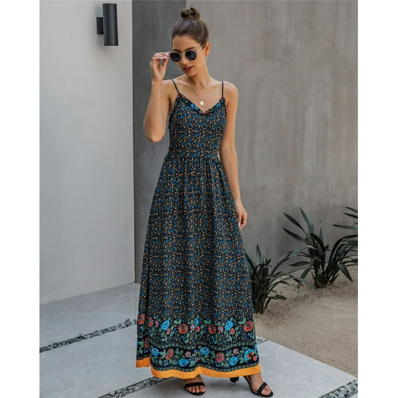 Floral Print V Neck Spaghetti Strap Maxi Summer Dress for Women