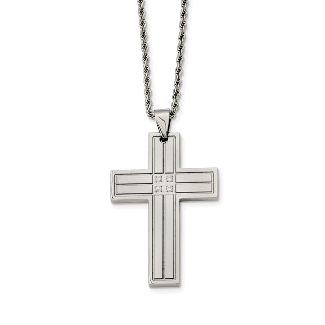 Collier Pendentif Croix Polie en Acier Inoxydable avec CZs 24 Po