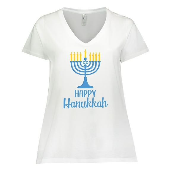 Inktastic Happy Hanukkah with Blue Menorah Women's Plus Size V-Neck T-Shirt