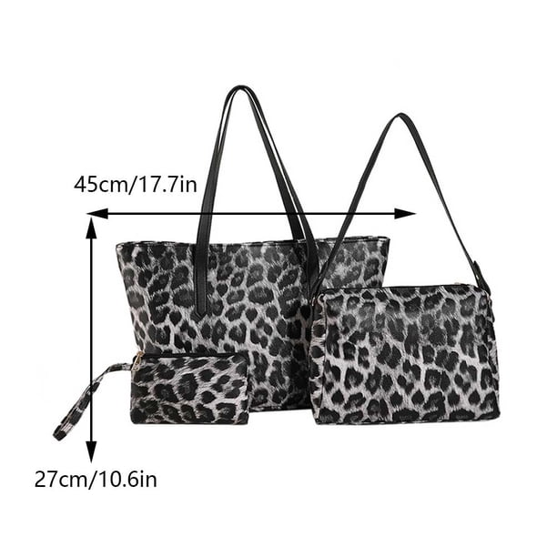 Bolso de mano de PU de 3 piezas para mujer, bolso de hombro, conjunto de cartera con cremallera y estampado de leopardo (negro)