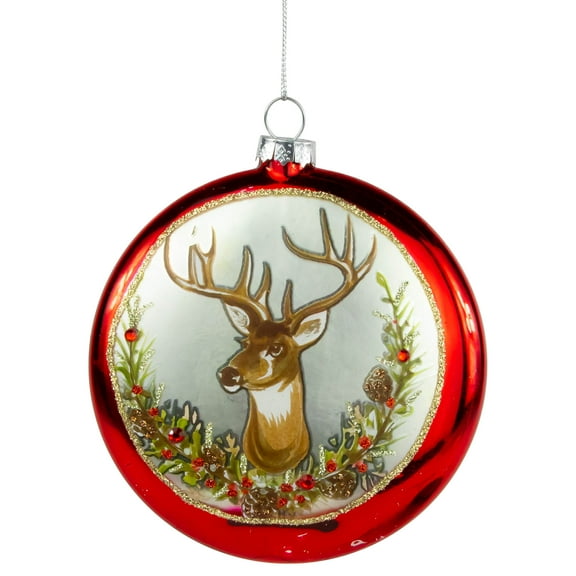 Northlight Glittered Reindeer with Wreath Glass Disc Christmas Ornament - 4" - Red