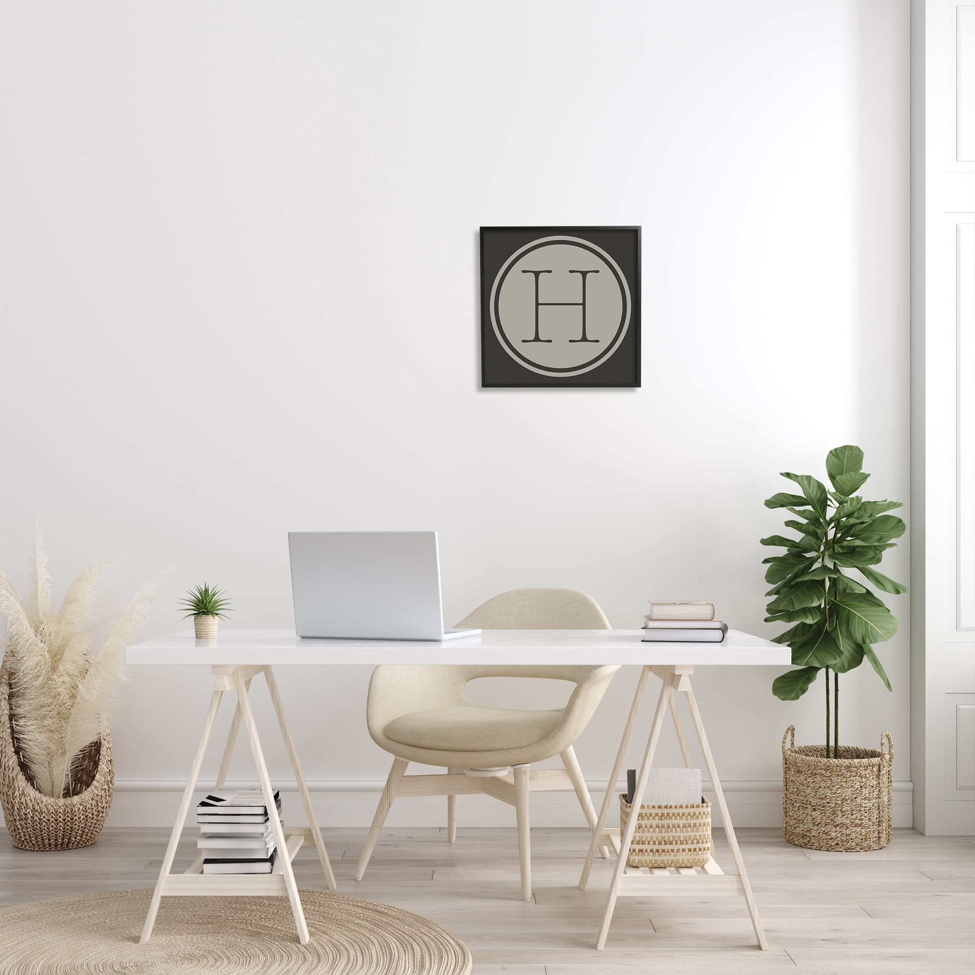 Modern H Initial Circular Elevator Key Shape Typography Framed Art Print Wall Art, 17x17