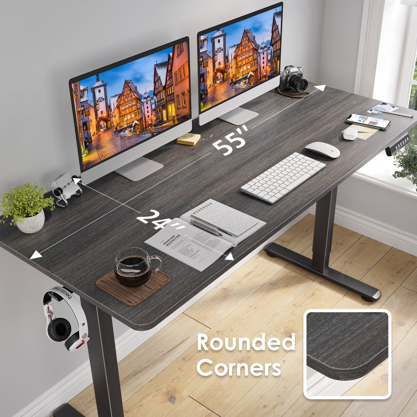 Farini Adjustable Standing Desk for Home Office, 55"x24" Electric Sit-Stand Desk with Splice Board, Walnut