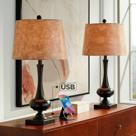 Franklin Iron Works Rustic Farmhouse Table Lamps 27" Tall Set of 2 with USB Charging Port Bronze Faux Leather Drum Shade Living Room Bedroom