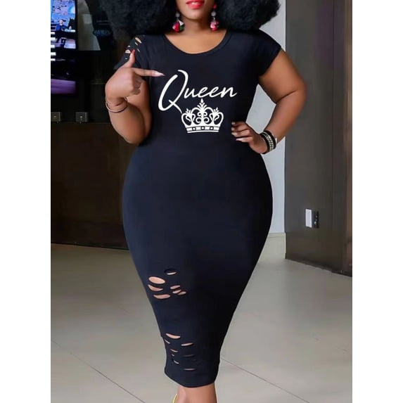Lovelywholesale Women's Plus Size Queen Crown Print Ripped Dress