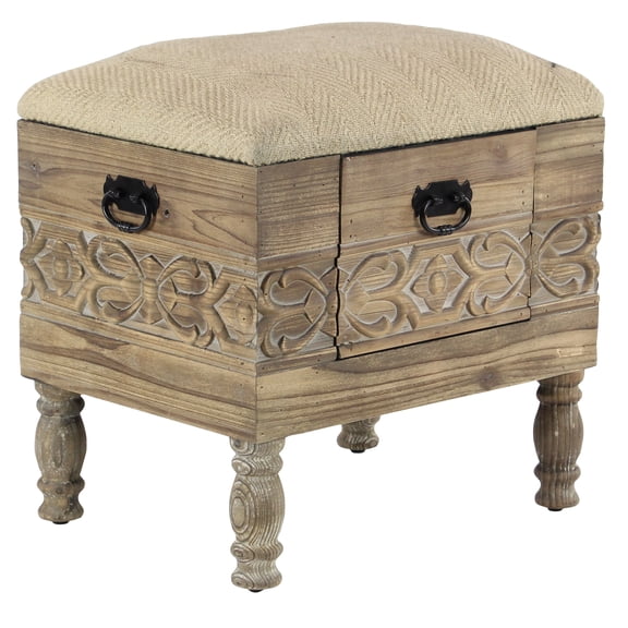 DecMode Wood Floral Intricately Carved Storage Stool with Cream Burlap Top, Beige