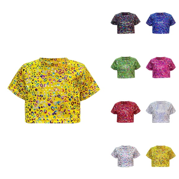 Girls Short Sleeve Sequin Tops Party Glitter Sparkly Blouse for 5-12 Years