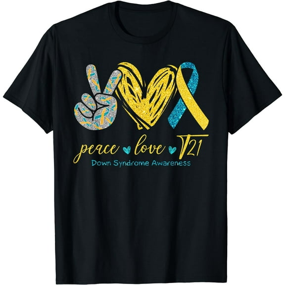 Peace Love T21 Blue Yellow Ribbon Down Syndrome Awareness T-Shirt
