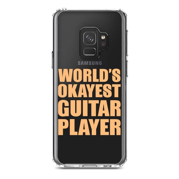 DistinctInk Clear Shockproof Hybrid Case for Samsung Galaxy S9 (5.8" Screen) - TPU Bumper Acrylic Back Tempered Glass Screen Protector - World's Okayest Guitar Player
