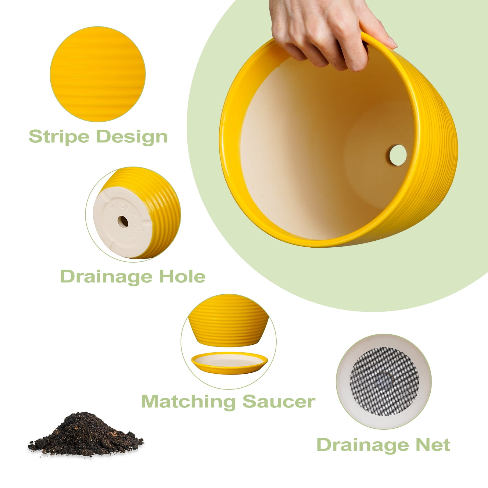 EPFamily 8 Inch Yellow Ceramic Planter with Drainage Hole and Saucer – Modern Flower Pot for Indoor Plants, Snake Plants, Herbs