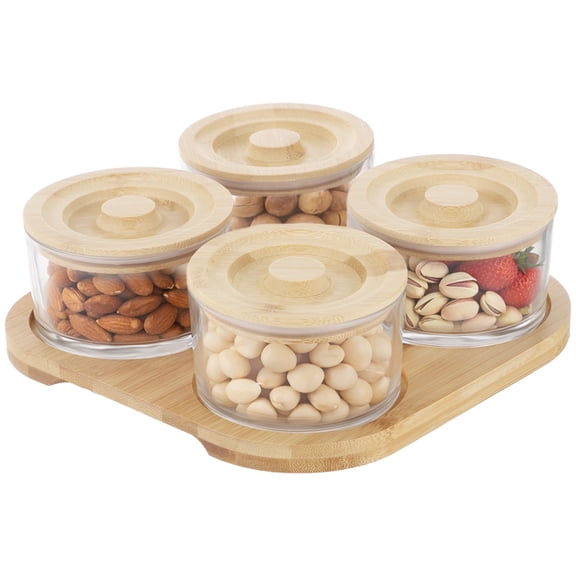 4 Grooves Glass Snack Serving Set with Wooden Lids and Tray, 9.1 x 9.1 in Chip and Dip Serving Platter, Small Airtight Glass Divided Dishes for Candies, Nuts, Dried Fruits, Snack, Condiments