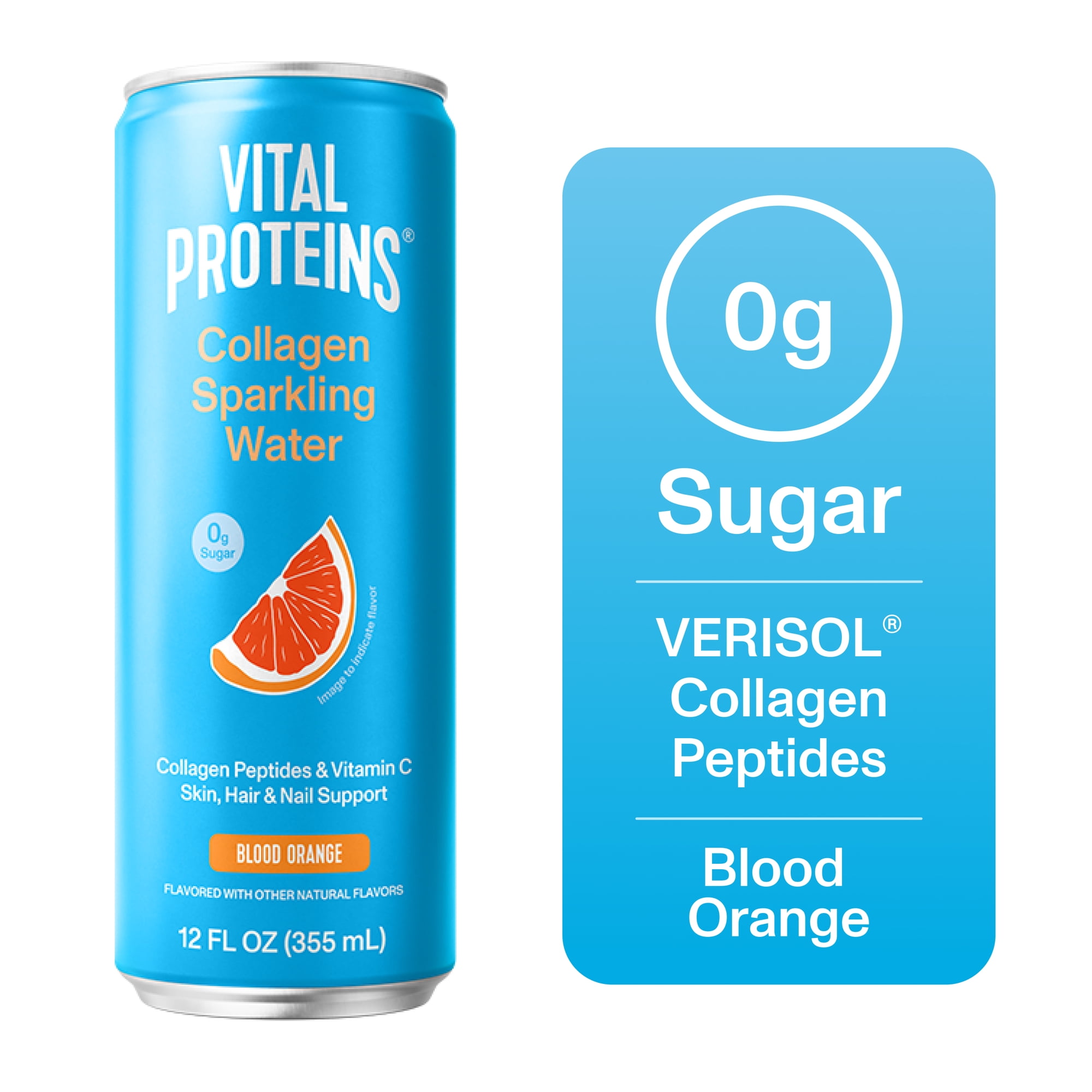 Vital Proteins, Collagen Sparkling Water, Blood Orange, VERISOL® Collagen Peptides + Vitamin C, 0g Sugar, Skin Support Drink, 12 FL OZ Can
