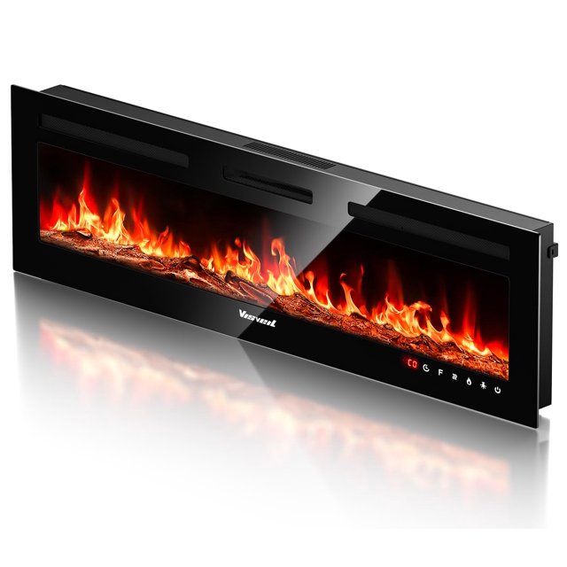 VISVEIL Chimenea eléctrica de 60 pulgadas, calentador eléctrico de llama realista, juego de troncos, llamas de vidrio, 750-1500 W con inserciones de temporizador, montaje en la pared, soporte de TV, v