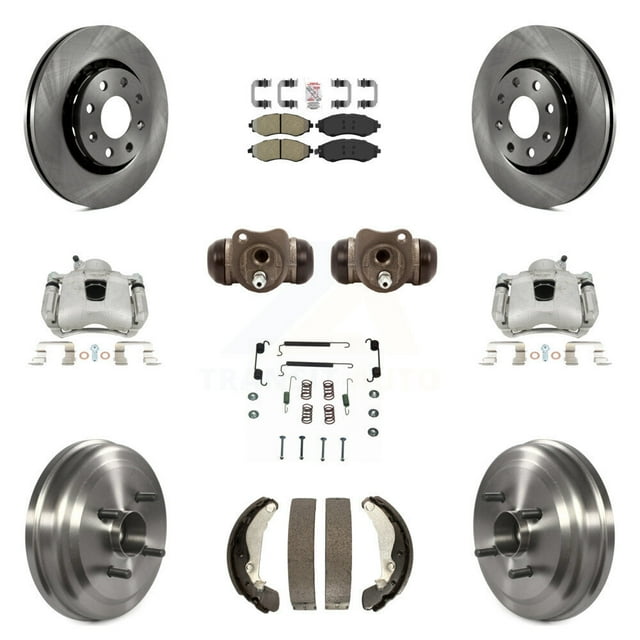 Transit Auto Front Rear Disc Brake Caliper Rotors Drums Semi-Metallic Pads Shoe Wheel Cylinders and Hardware Kit (11Pc) for Car Chevrolet Aveo Pontiac Aveo5 Wave G3 Wave5 with Hub Assembly KC8-101737N