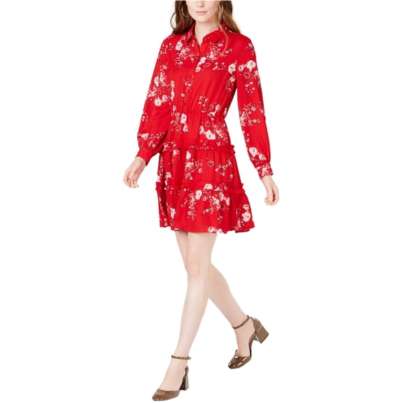 maison Jules Womens Printed Ruffled Shirt Dress, Red, Small