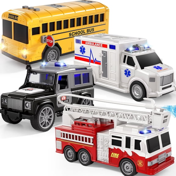MAGICDINOSAUR 4-in-1 Emergency Rescue Vehicles Toy Set Friction Powered Lights and Sounds 4 Pack