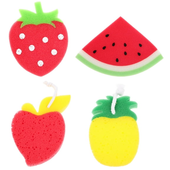 GOOHOCHY 4Pcs Fruit Shaped Cartoon Scrub Sponge Assorted Color for Kitchen Cleaning