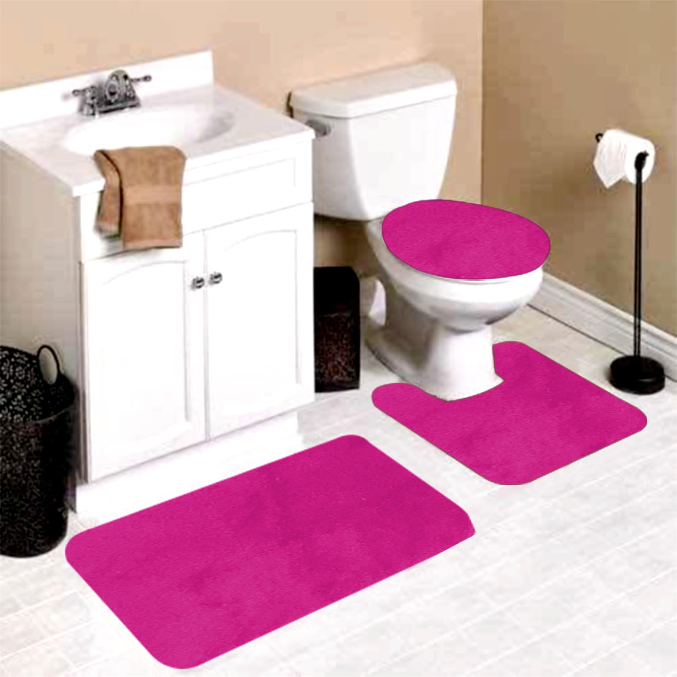 Lavender Pattern Non-Slip Solid Bathroom Rug Set Bath Mat Contour Toilet Lid Rug 