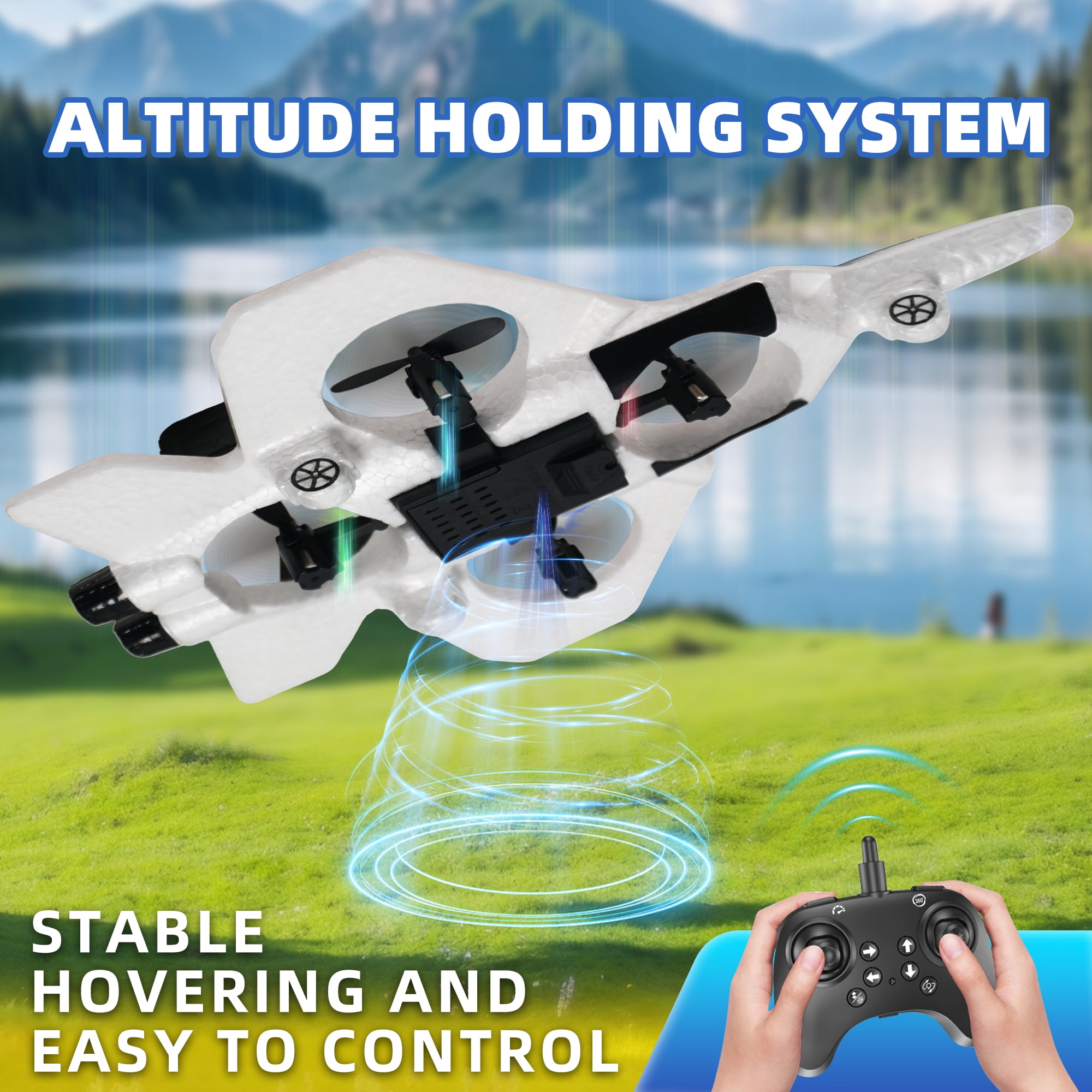 Foam Drone RC Airplane for Kids Beginners, Remote Control Plane 360° Flip Fighter Jet with Light, 2.4GHZ Radio Control Helicopter Toy for Kids, Auto Hovering