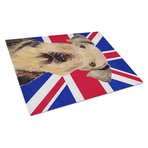 Caroline's Treasures Airedale with English Union Jack British Flag Glass Cutting Board Large Size