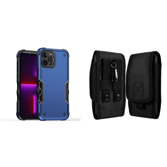 Case with Belt Holster Bundle for iPhone 14 Pro Max: Slim EX Hybrid Series Shockproof Case (Blue) and Vertical Rugged Nylon Phone Pouch