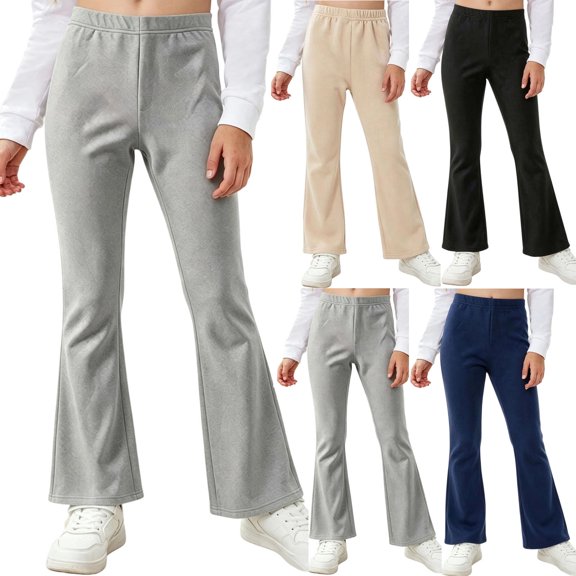 Bixock Toddler Girls Leggings High Waist Flare Pants Kids Trousers Elastic Waist Solid Color Fleece Lined Side Pocket Slim Fall Winter Sport Casual Wear Size 14-15Years