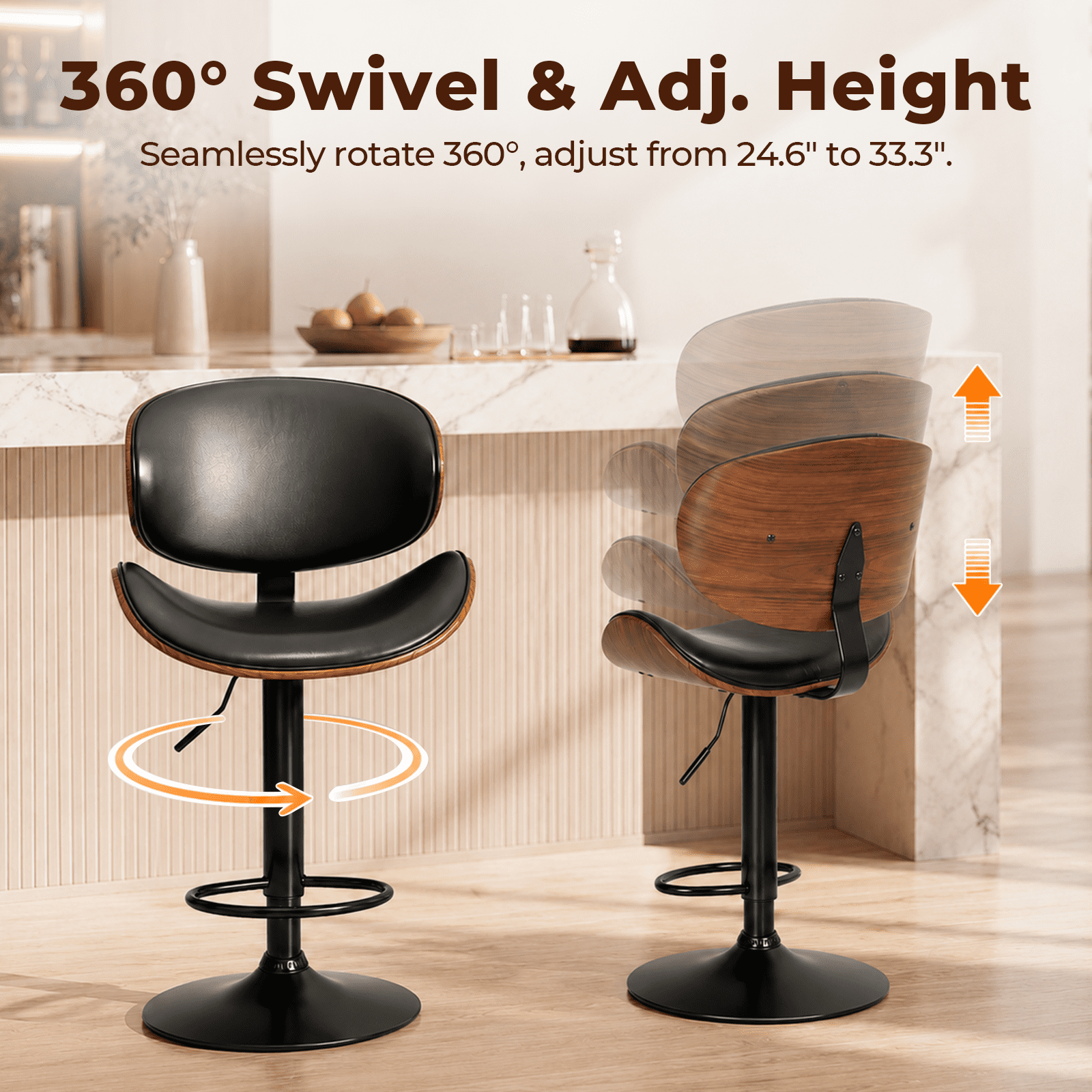 Alvantor 2-Pack Swivel Bar Stools, for Kitchen Counter, Adjustable Bar Height Chairs, Modern PU Leather Upholstered Bar Chair with Back and Footrest, for Bar, Kitchen Island, Dining Room