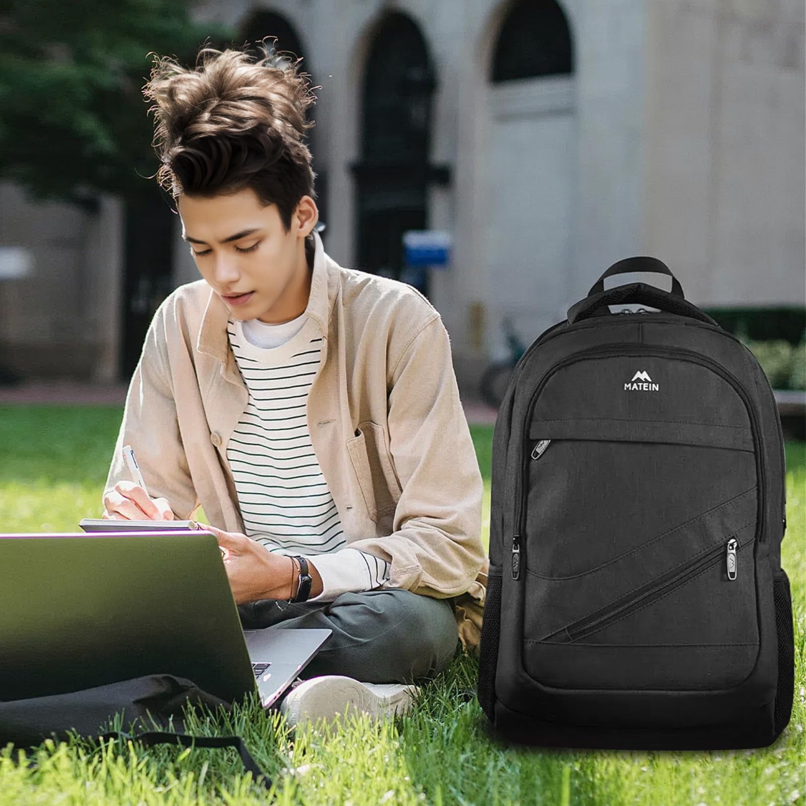 Matein Travel Backpacks for Men Women, TSA Approved Carry on Work Backpack with Trolley Sleeve and Anti Theft Pocket, 30L Capacity, Black