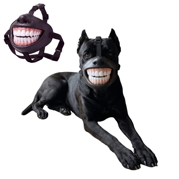 MYUNNIL Halloween Dog Smile Muzzle, Black Soft Breathable Funny Universal Reusable Pet Muzzle with Large Neat Teeth & Adjustable Strap for Party Events Decor