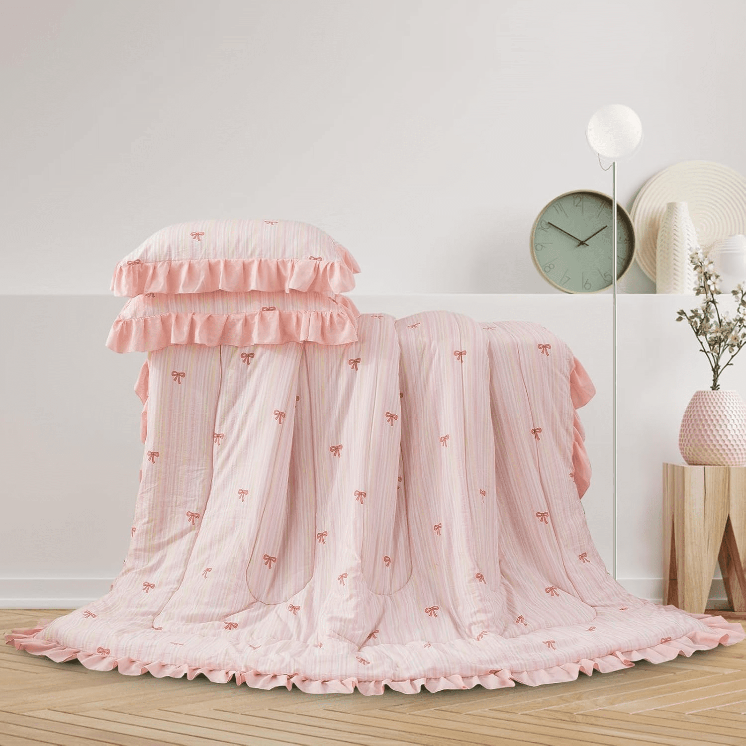 Btargot 6 Piece Rainbow Stripe Bows Comforter Set Twin Ruffle Princess Girl Bedding Set Bed in a Bag