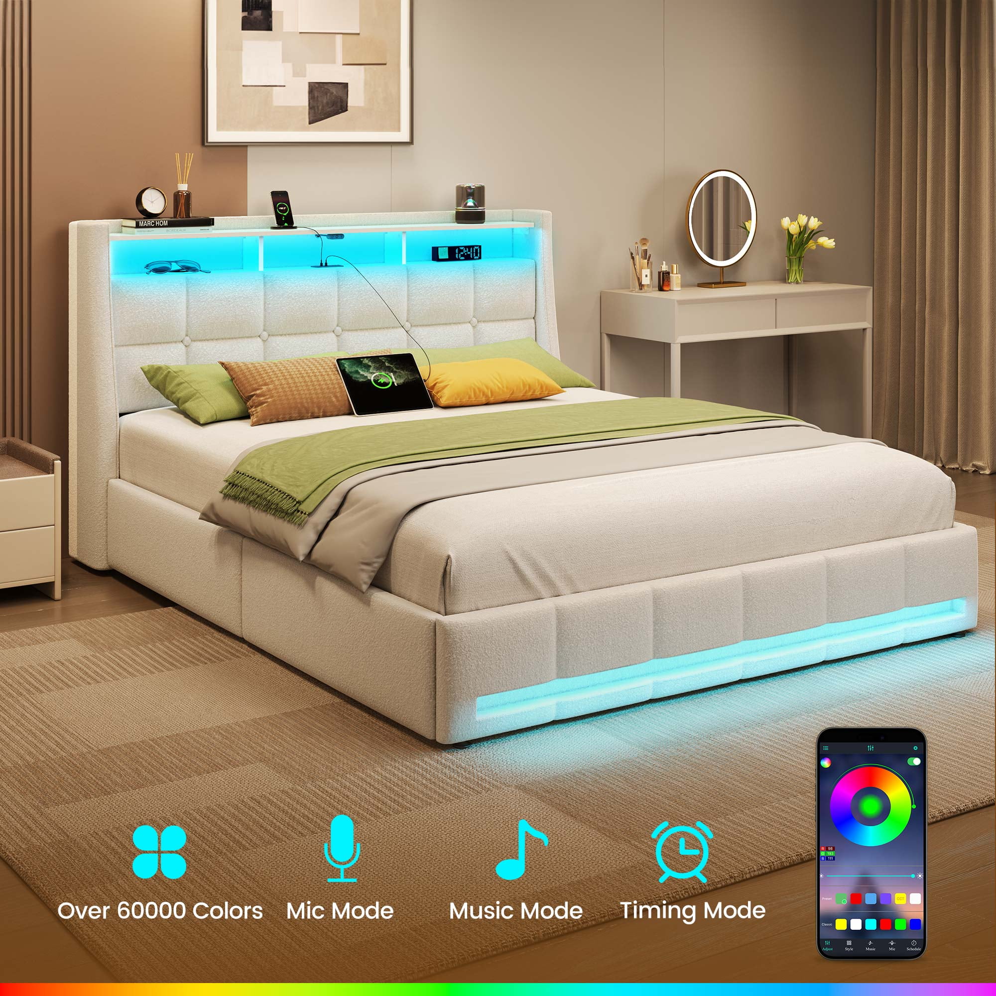 Greenstell Queen LED Storage Bed Frame - Charging Station, App Control, 1200LBS Capacity, White