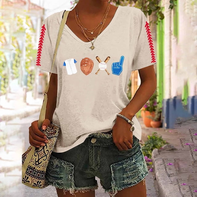 YLHFASHION T-shirt à Manches Courtes pour Femmes, Festival de Baseball, Couleur Unie, Imprimé Baseball, Col en V, Liquidation à 50 % de Rabais