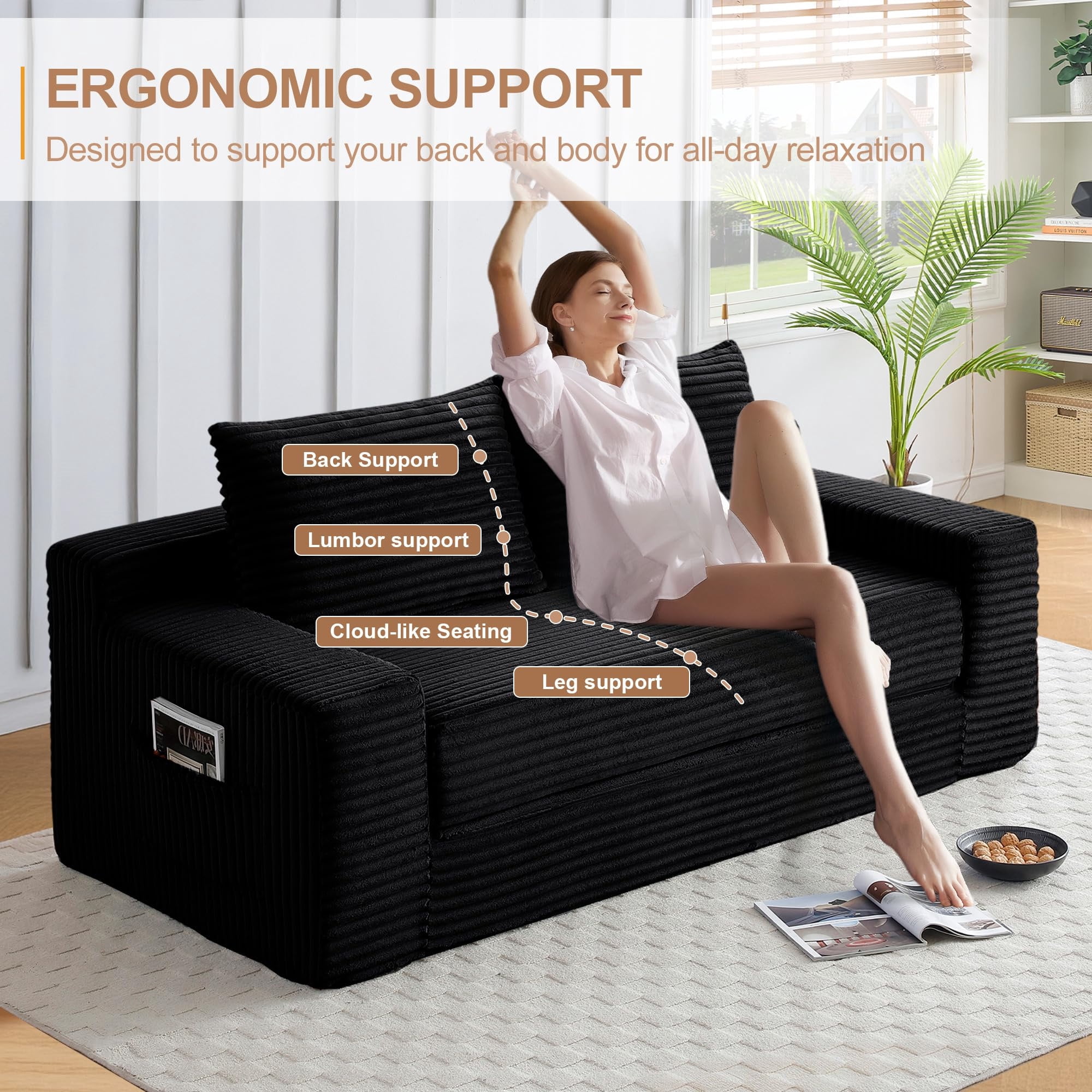 Aukfa 73" Chaise Futon Convertible Sofa Bed Boneless Couch, 2 Pillows&Side Pockets, Queen Size, Corduroy, Black