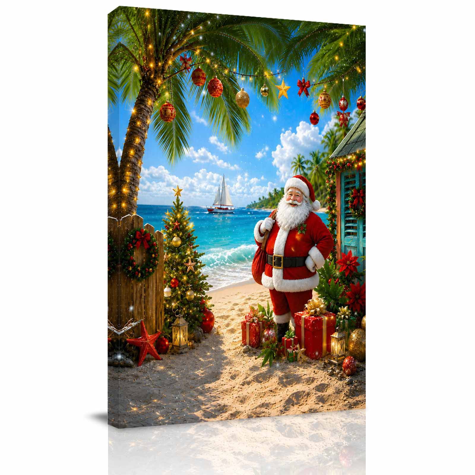 Canvas Wall Art Coastal Christmas Framed Canvas Prints for Kitchen Bedroom Red Santa Tropical Xmas Palm Tree Small Gallery Wrapped Wall Decor for Home Office Gifts 8 x12 Ship Next Day