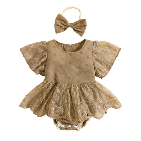

Musuos Baby Girls Romper Dress Coffee Lace Floral Bodysuit with Headband