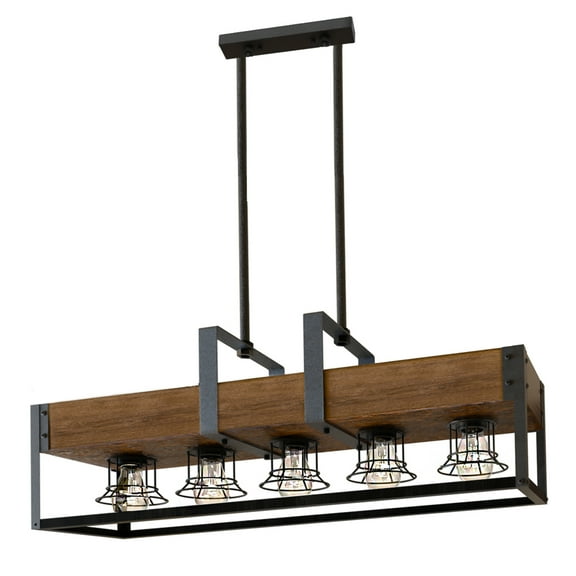 J JACKCUBE DESIGN Farmhouse Linear Island Lighting, 5 Light Kitchen, Hallway Pendant Light, Rustic Wood with Black Stainless Metal Frame, Modern Industrial Chandelier- MK648A