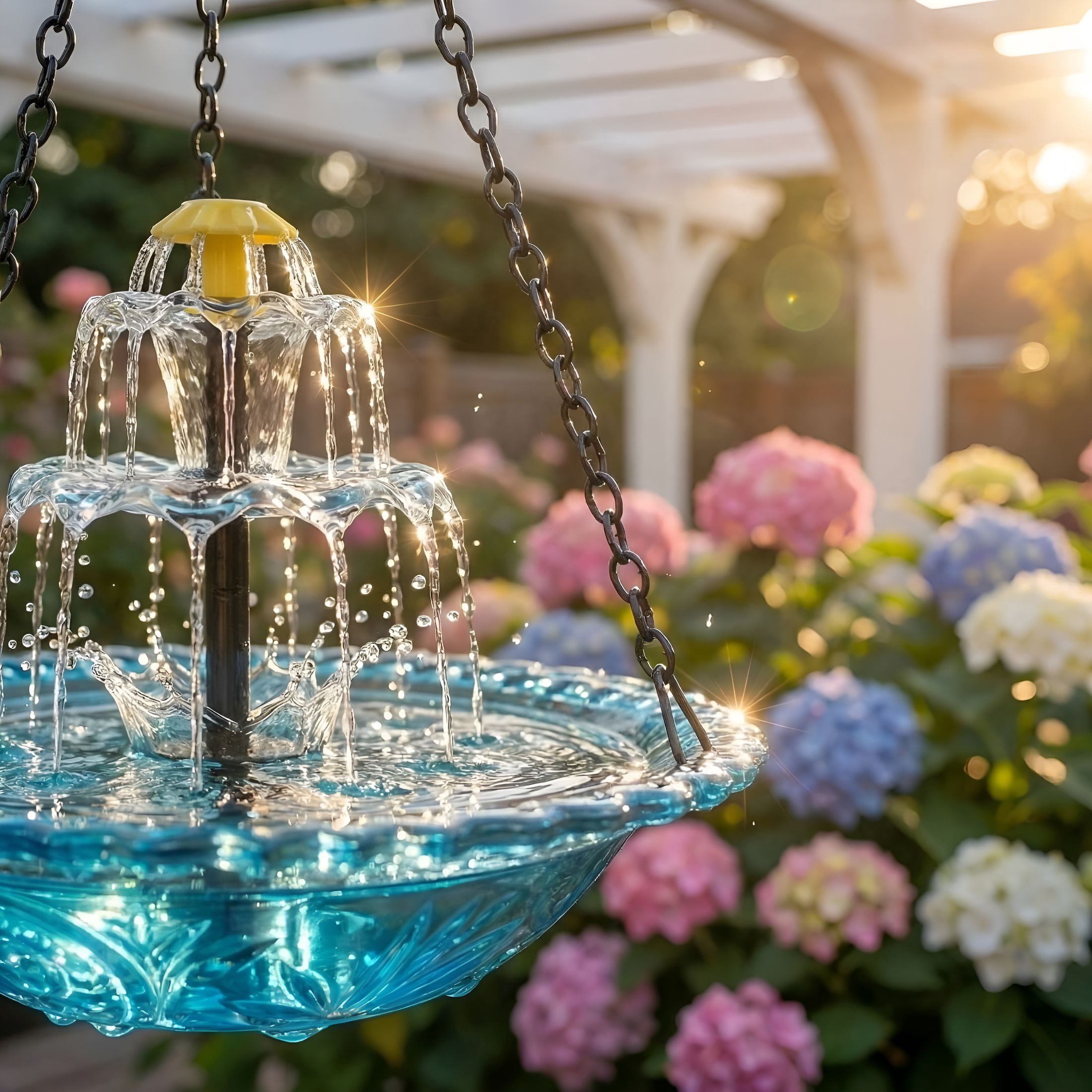 HIBIBUD Solar Cascade Hanging Bird Bath Fountain with Solar Pump & Glass Bowl for Outdoor Garden Decor