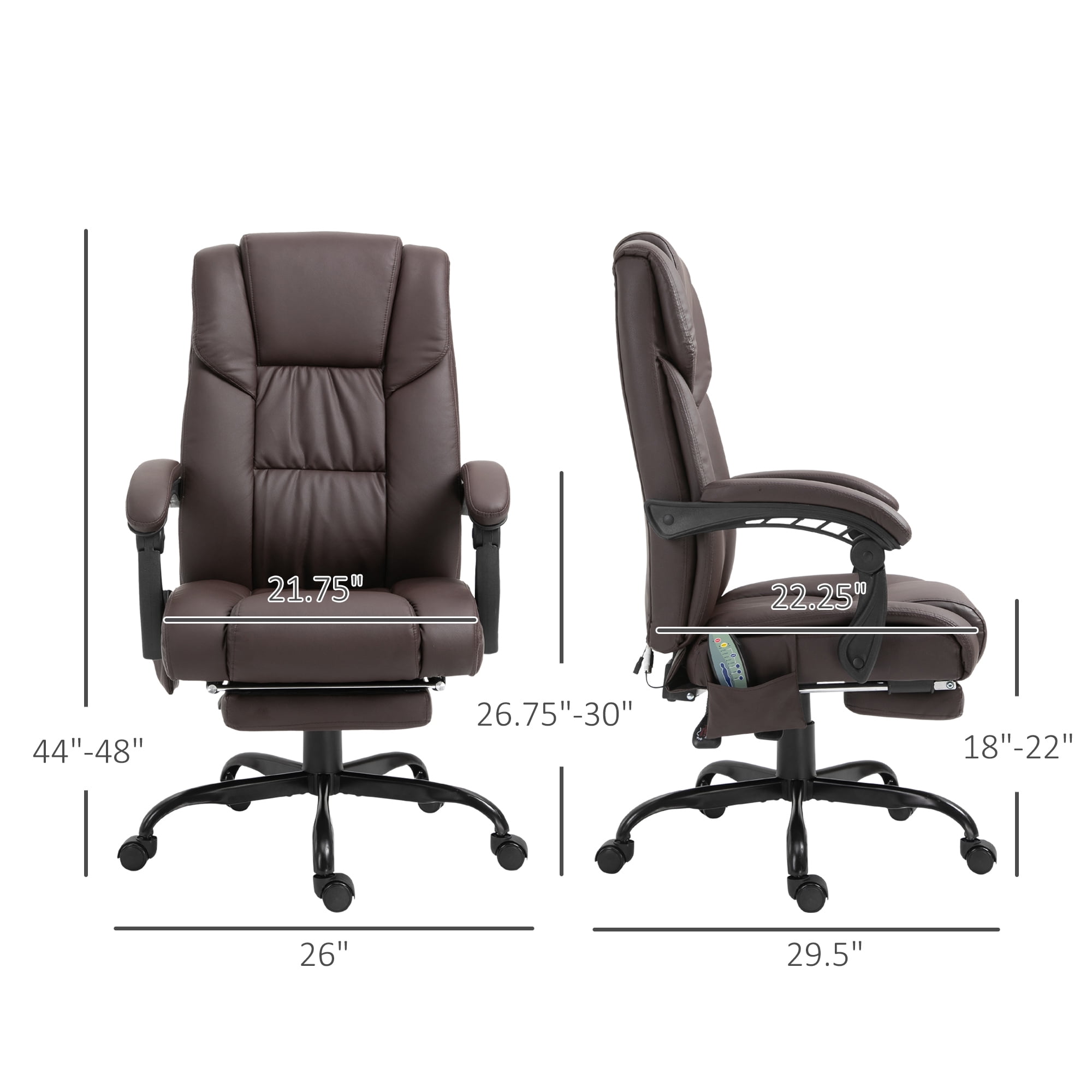 Vinsetto High Back Massage Office Chair with 6 Vibration Points, PU Leather Reclining Computer Chair, Ergonomic Desk Chair with Footrest Adjustable Height and Remote, Brown