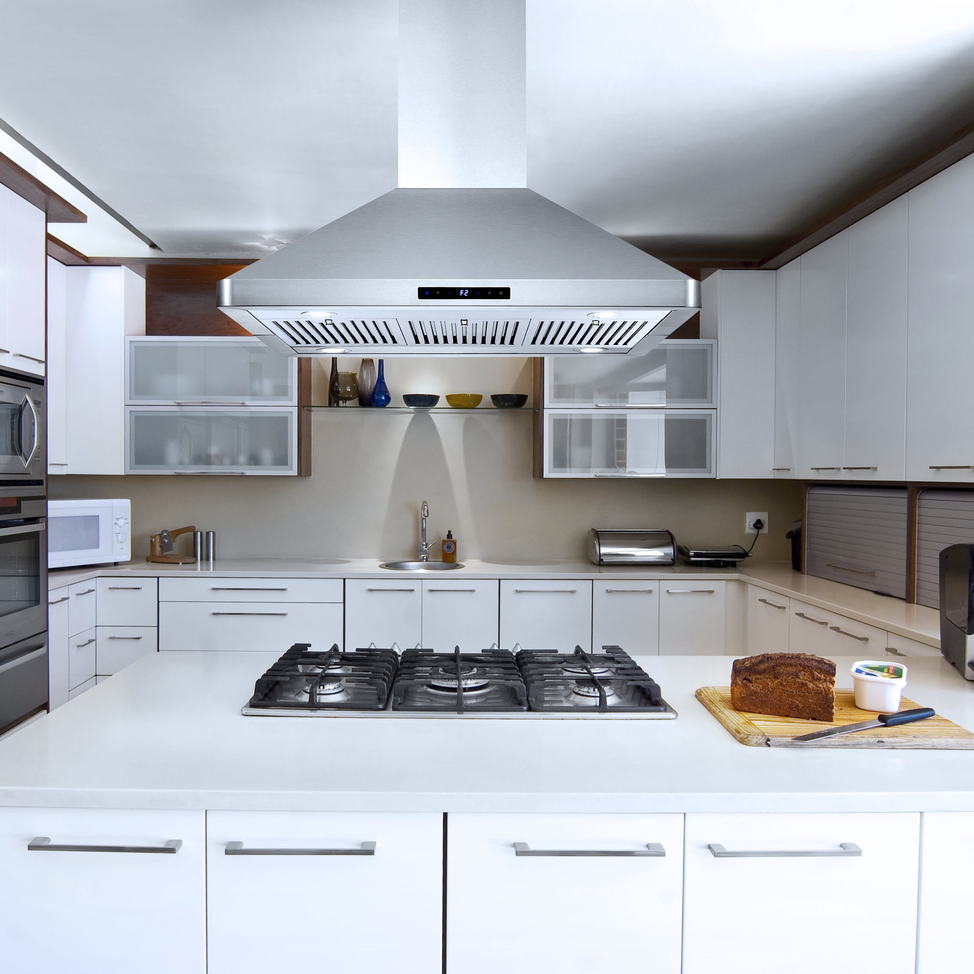 Cosmo 5 Piece Kitchen Appliance Package with 36" Freestanding Gas Range 36" Island Range Hood 24" Built-in Fully Integrated Dishwasher French Door Refrigerator & 48 Bottle Wine Refrigerator