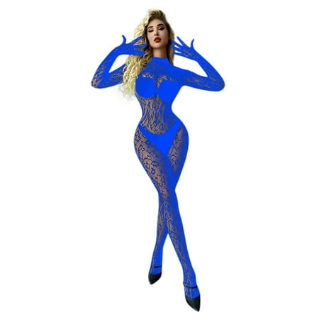 Gunia Women Lingerie Wedding Solid Color See Through Mesh Long Sleeve Mesh Stockings Underwear for Party Date Night