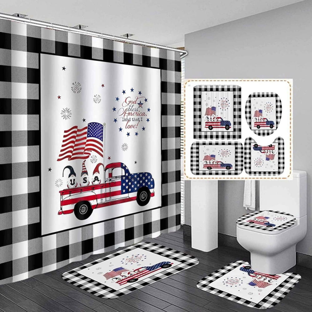4 Pcs Shower Curtain Set,4th of July Shower Curtain Patriotic Memorial Day Independence Day 
