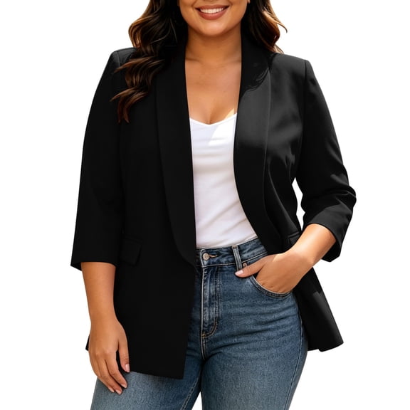 MaFYtyTPR Plus Size Women's Suit Jacket Solid Color Open-front Lapel Pocket 3/4 Sleeve Blazers With Padded Shoulder Lining for Casual Office A-Black L